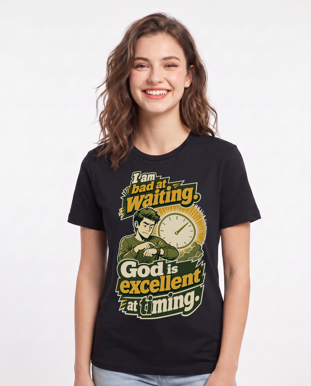 Christian Faith Women's Black T-Shirt – I am bad at waiting. God is excellent product image 1