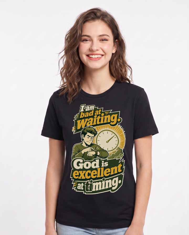 Christian Faith Women's Black T-Shirt – I am bad at waiting. God is excellent product image 1