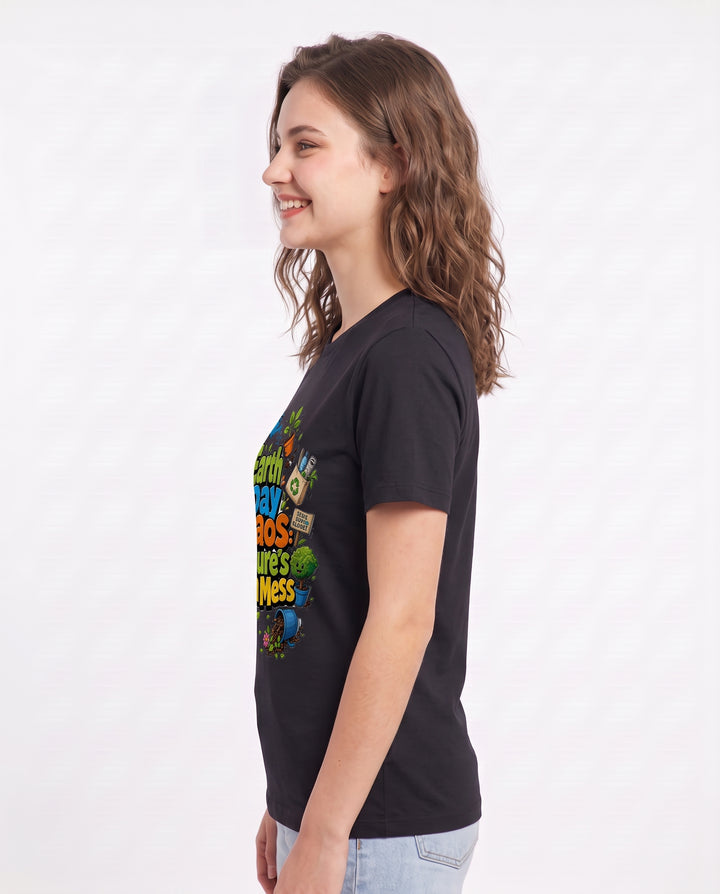 Earth Day Chaos: Nature's Own Mess Women's Black T-Shirt product image 3