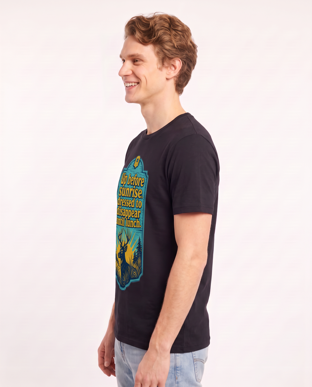 Up before sunrise, dressed to disappear until lunch. - Men's Black T-Shirt product image 3