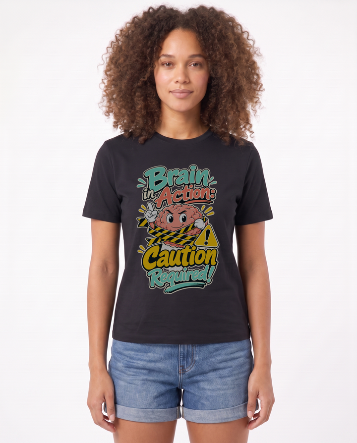 Brain In Action: Caution Required! Black T-Shirt mockup 2