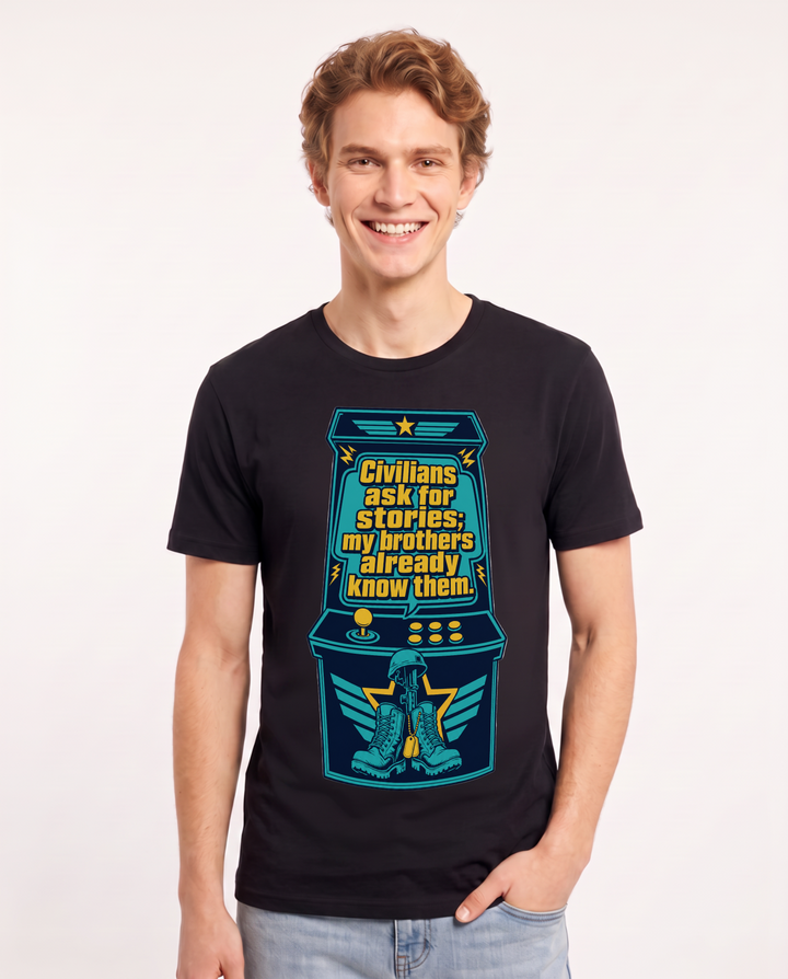 Graphic Men's Black T-Shirt - Civilians ask for stories; my brothers product image 1