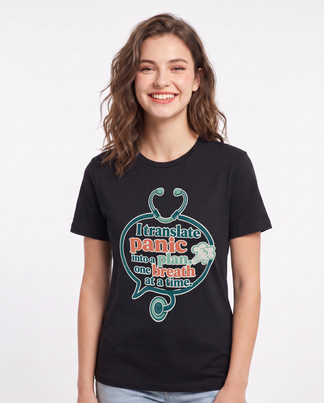 Nurse Women's Black T-Shirt – I translate panic into a plan, one product image 1