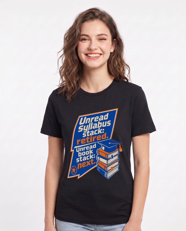 Graduation Gift Women's Black T-Shirt - Unread syllabus stack: product image 1