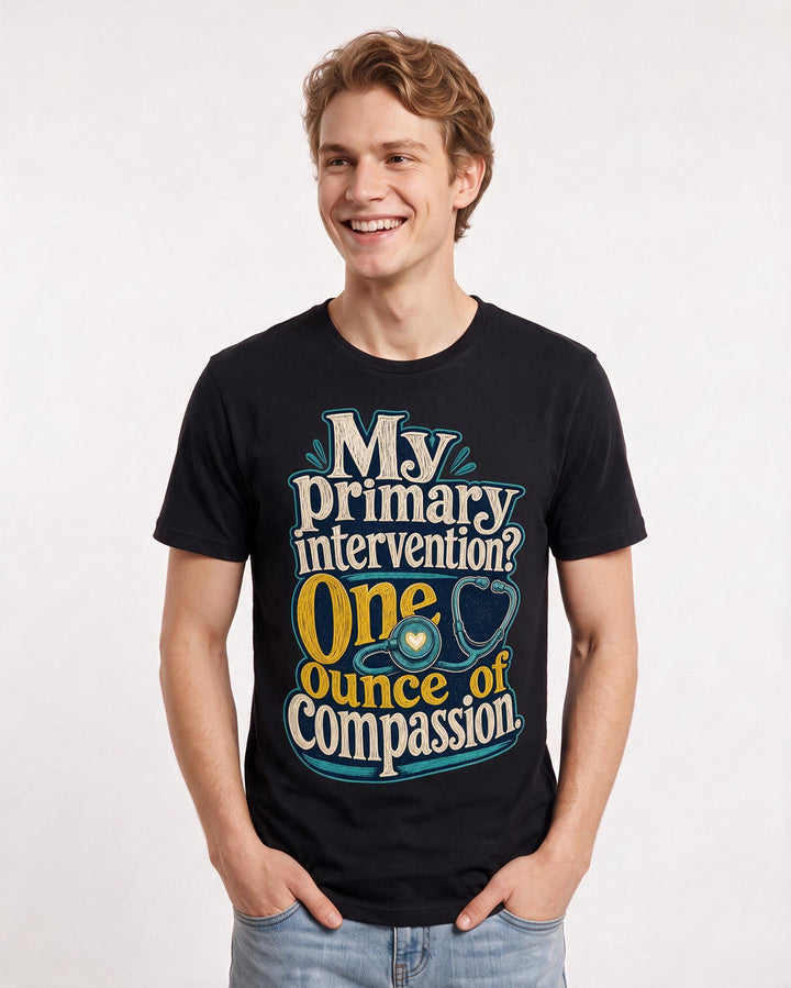 Nurse Men's Black T-Shirt – My primary intervention? One ounce of compassion. product image 3