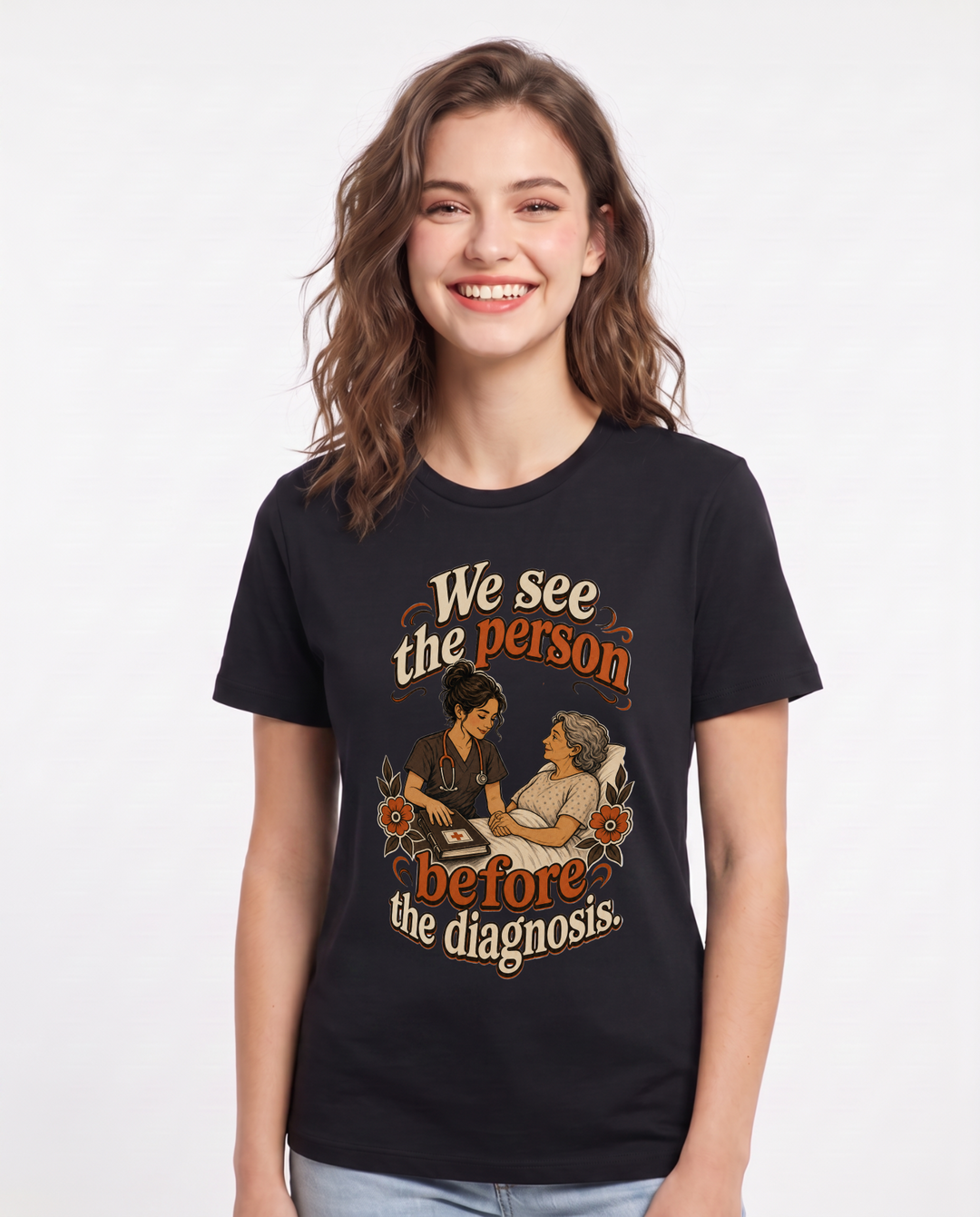Nurse Women's Black T-Shirt – We see the person before the diagnosis. product image 1