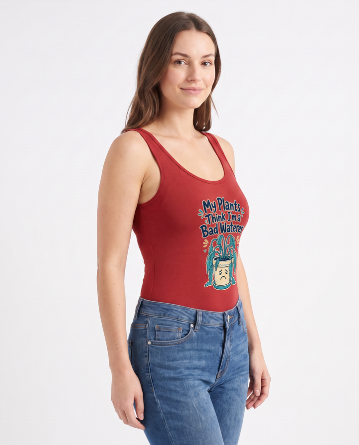 My Plants Think I'm A Bad Waterer Sleeveless Tank Bodysuit mockup 2