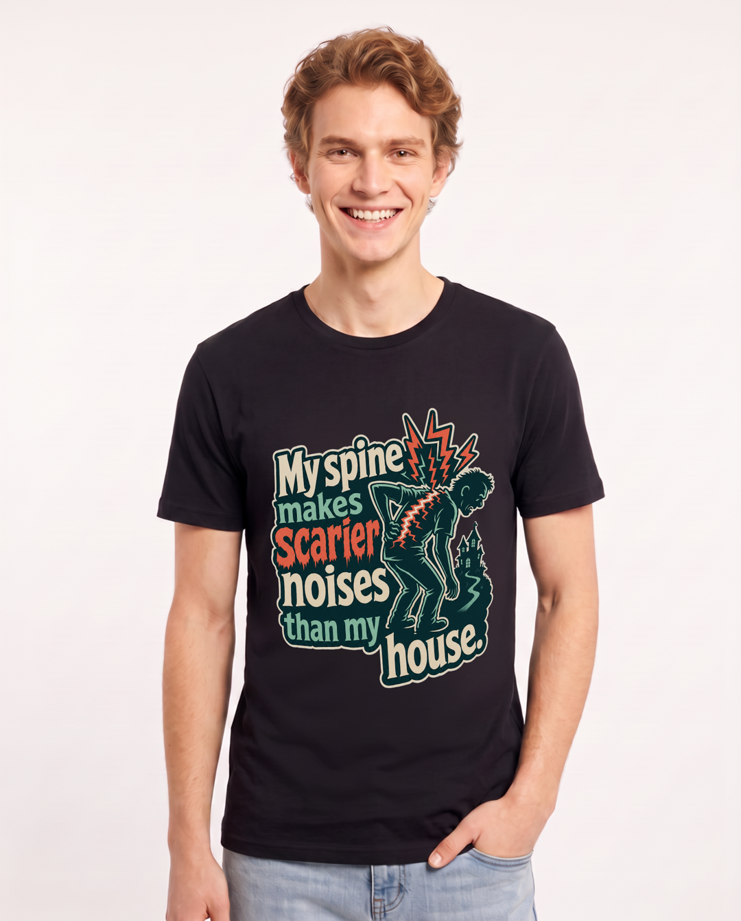 Funny Halloween Men's Black T-Shirt – My spine makes scarier noises than my house. product image 1