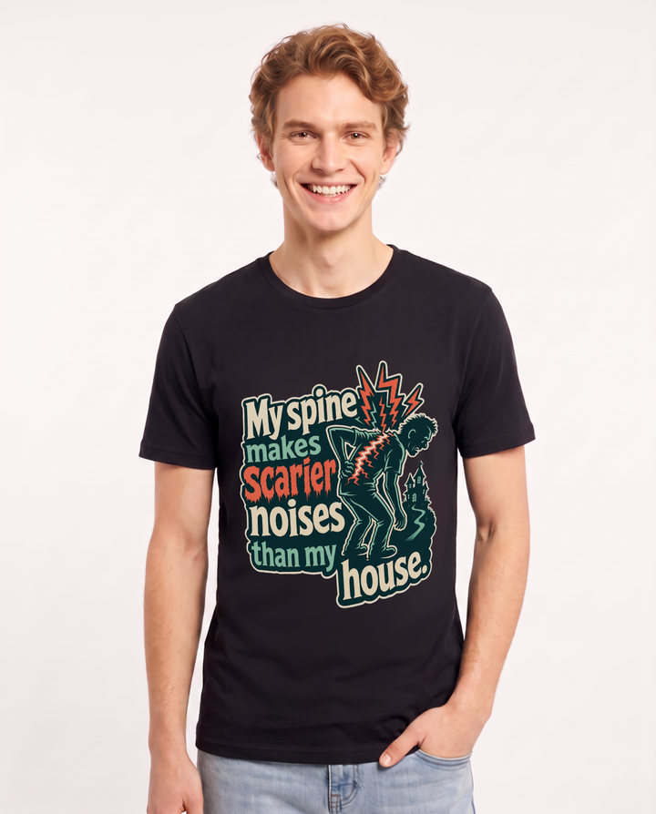 Funny Halloween Men's Black T-Shirt – My spine makes scarier noises than my house. product image 1