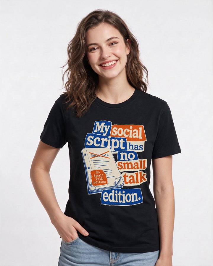 Neurodiversity Women's Black T-Shirt – My social script has no small talk edition. product image 3