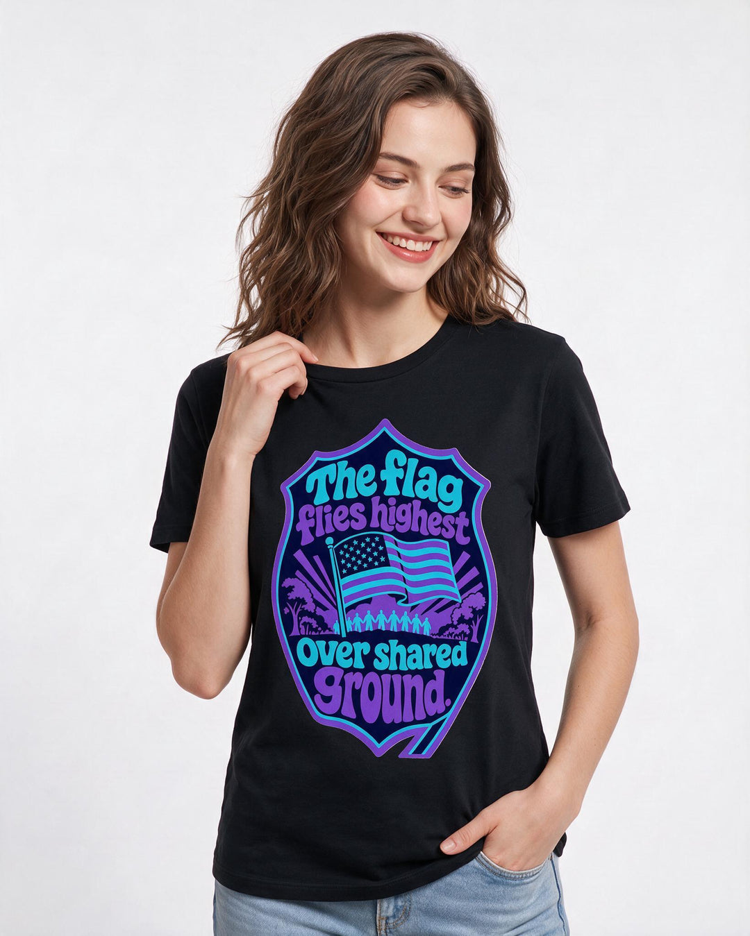 Graphic Women's Black T-Shirt - The flag flies highest over shared product image 3