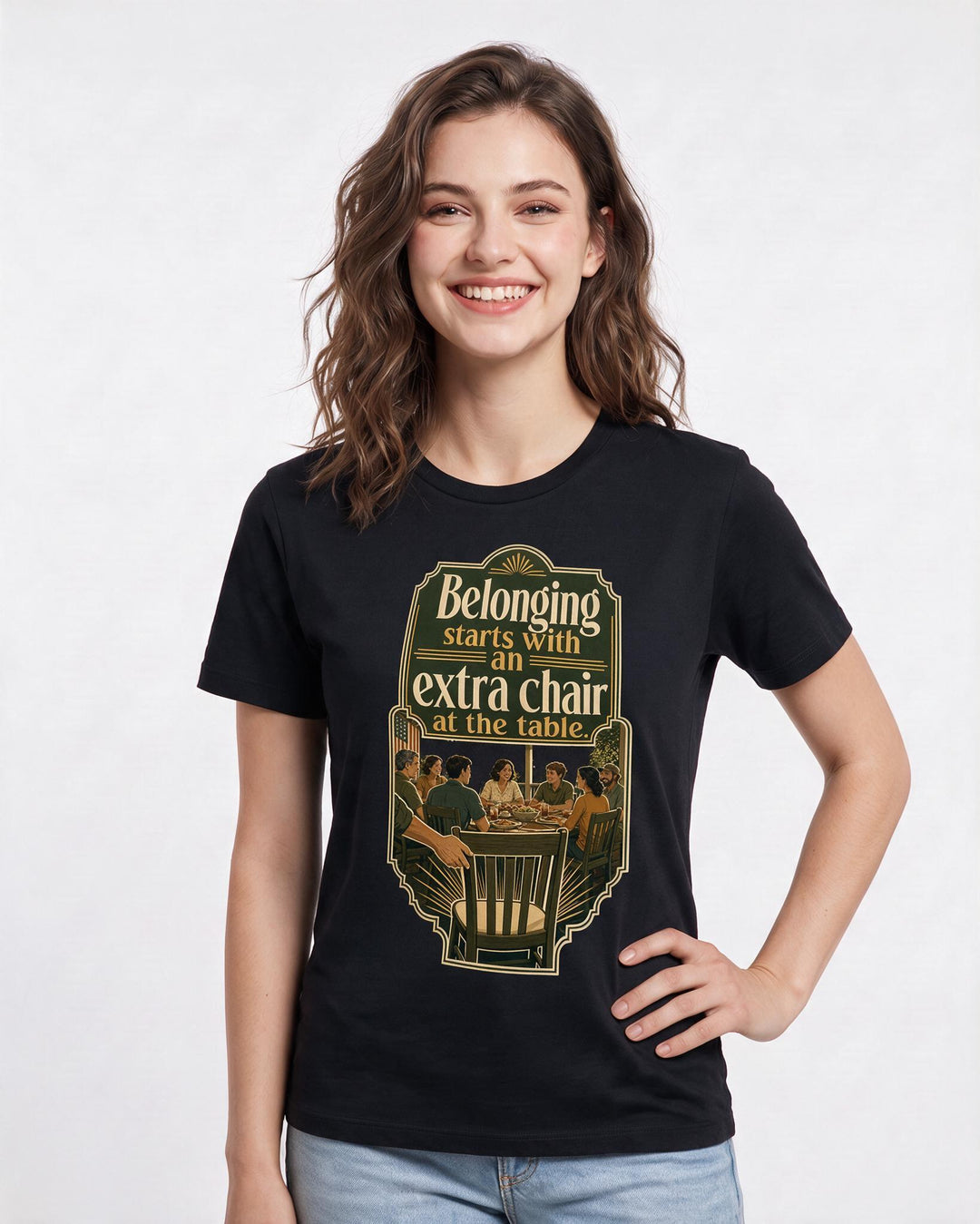 Patriotic Women's Black T-Shirt – Belonging starts with an extra chair at the table. product image 3