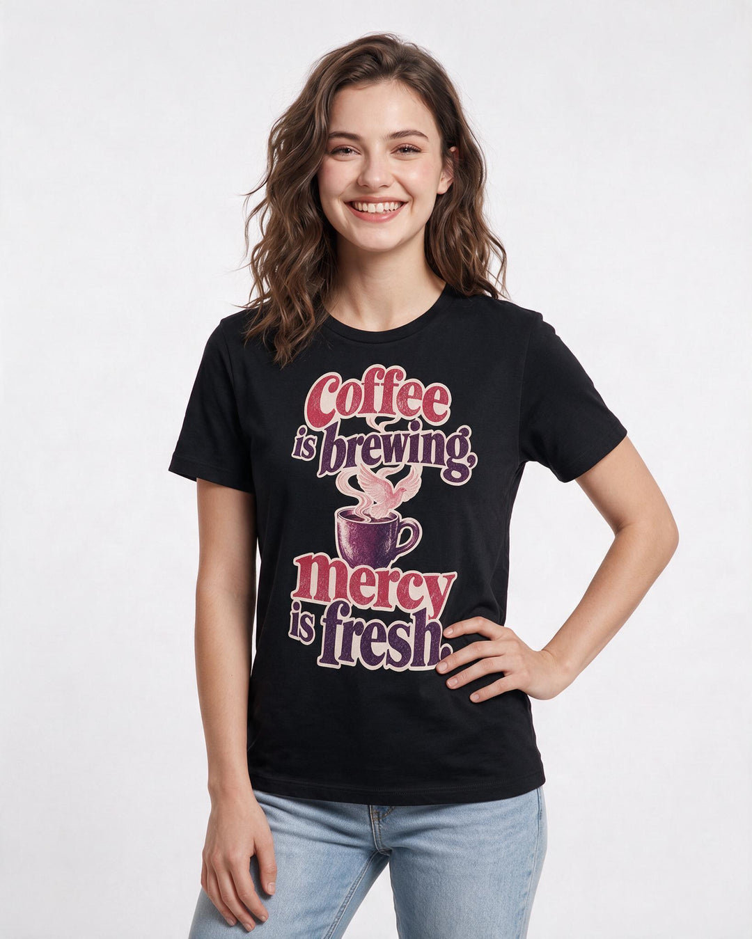 Christian Faith Women's Black T-Shirt – Coffee is brewing, mercy is fresh. product image 3
