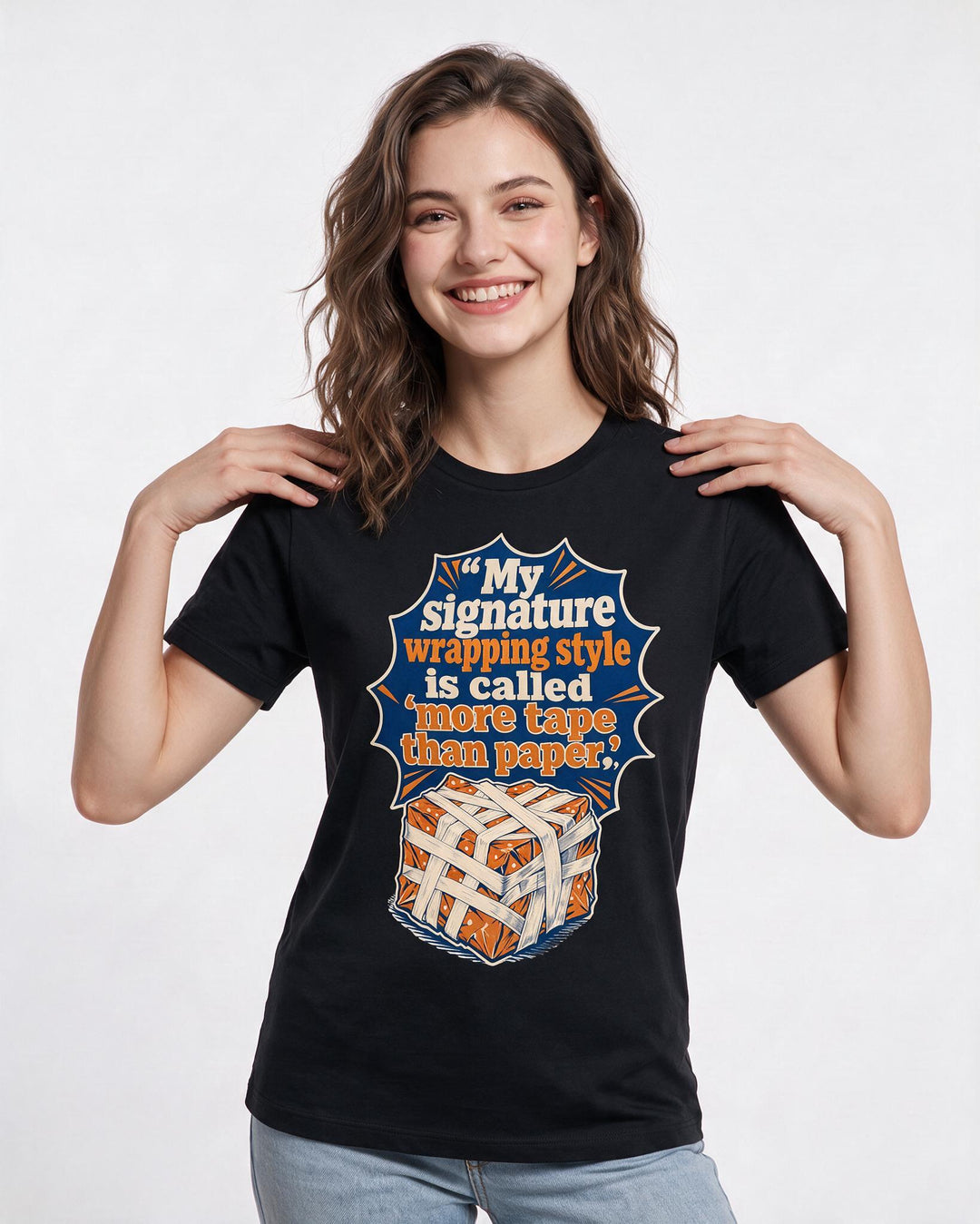 Christmas Women's Black T-Shirt – My signature wrapping style is called 'more tape than paper' product image 3