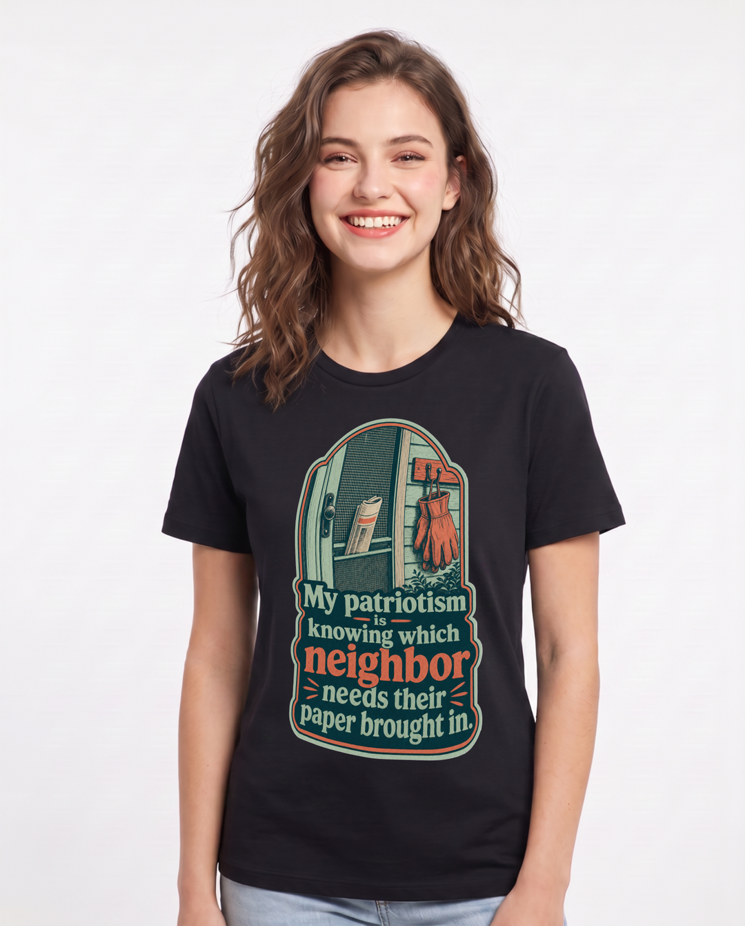 Patriotic Women's Black T-Shirt – My patriotism is knowing which neighbor needs their paper brought in product image 1