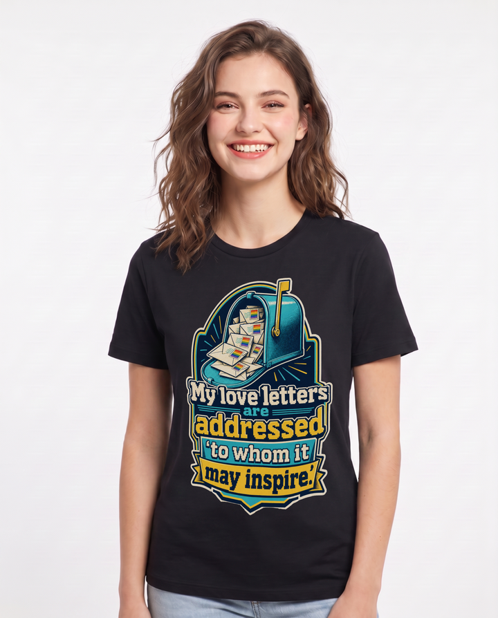 Pride Women's Black T-Shirt – My love letters are addressed 'to whom it may inspire.' product image 1