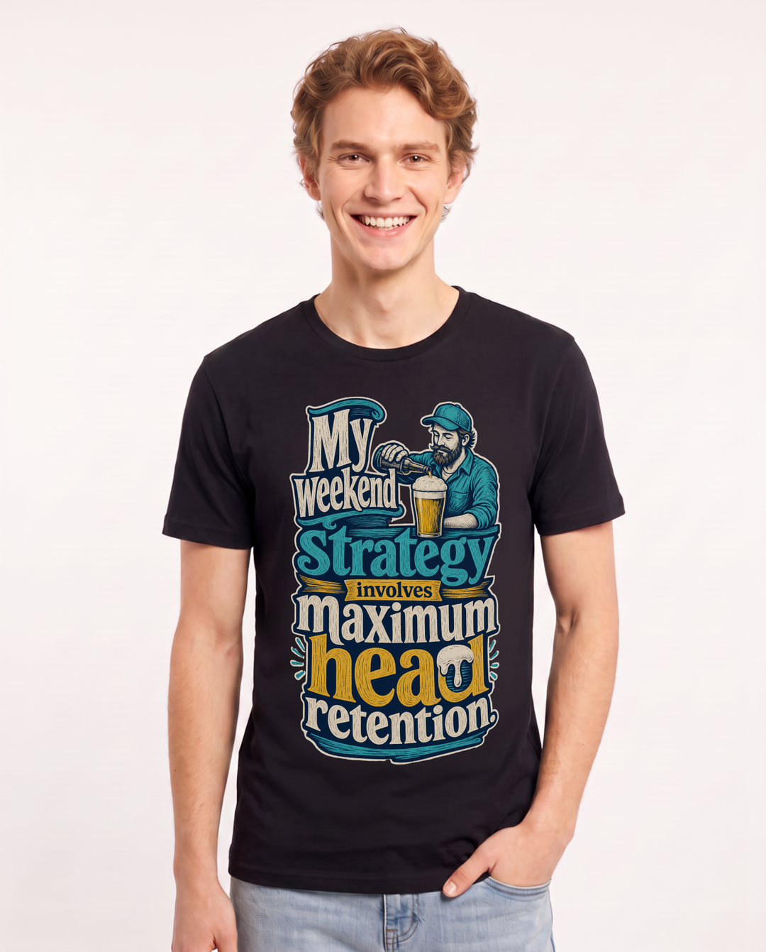 Beer Men's Black T-Shirt – My weekend strategy involves maximum head retention. product image 1