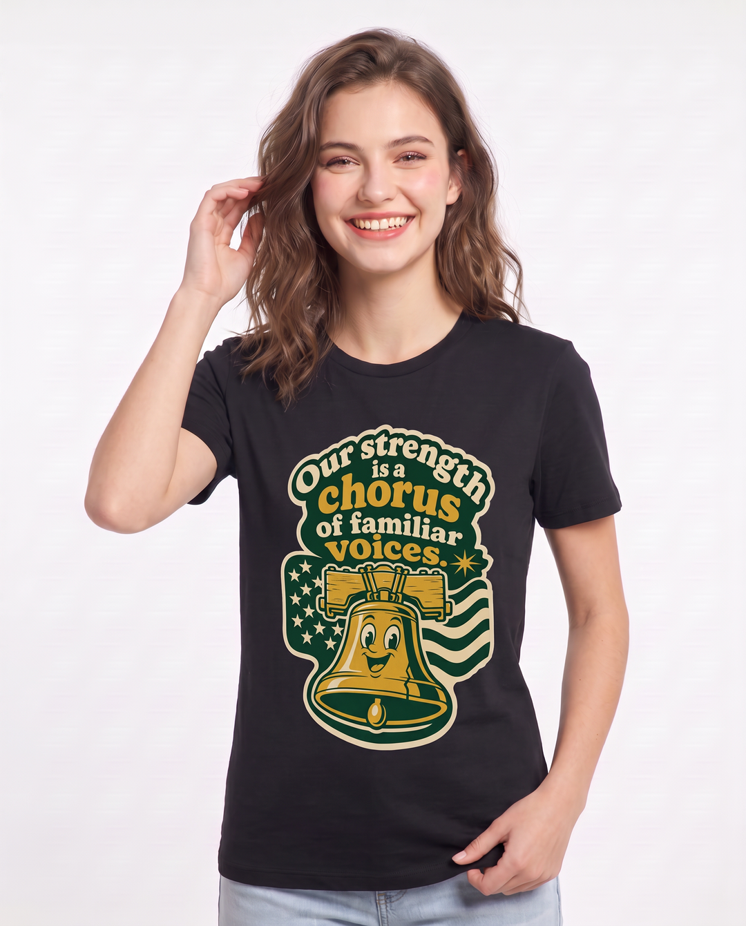 Graphic Women's Black T-Shirt - Our strength is a chorus of familiar product image 3