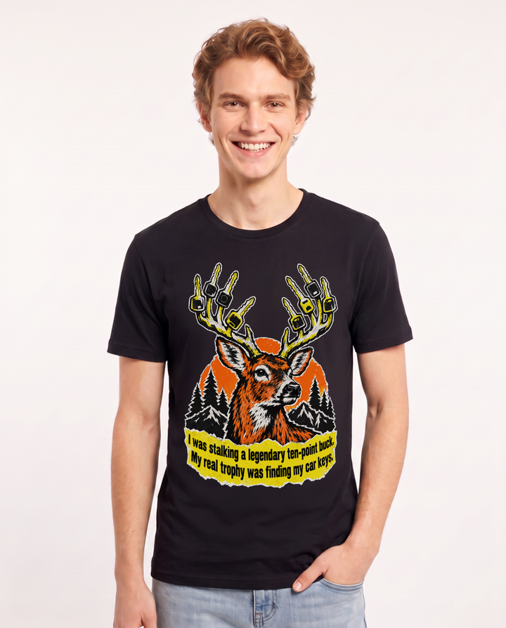 I was stalking a legendary ten-point buck. My real trophy was finding my car keys. Men's Black T-Shirt product image 2