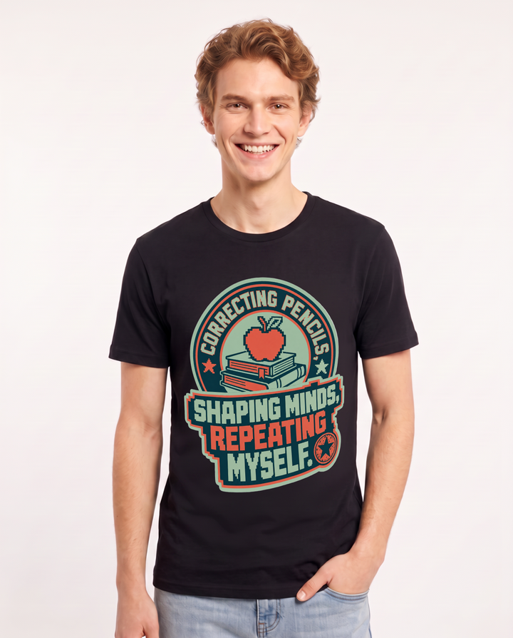 Teacher Gift Men's Black T-Shirt - Correcting pencils, shaping minds, product image 1