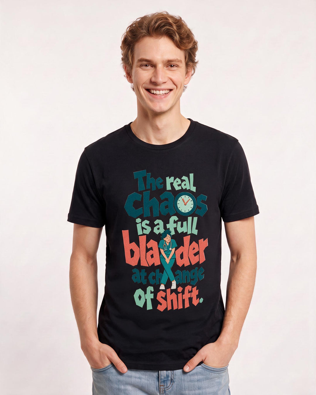 Funny Nurse Men's Black T-Shirt – The real chaos is a full bladder at change of shift. product image 3