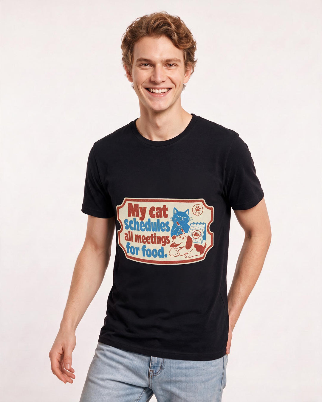 Graphic Men's Black T-Shirt - My cat schedules all meetings for food. product image 3
