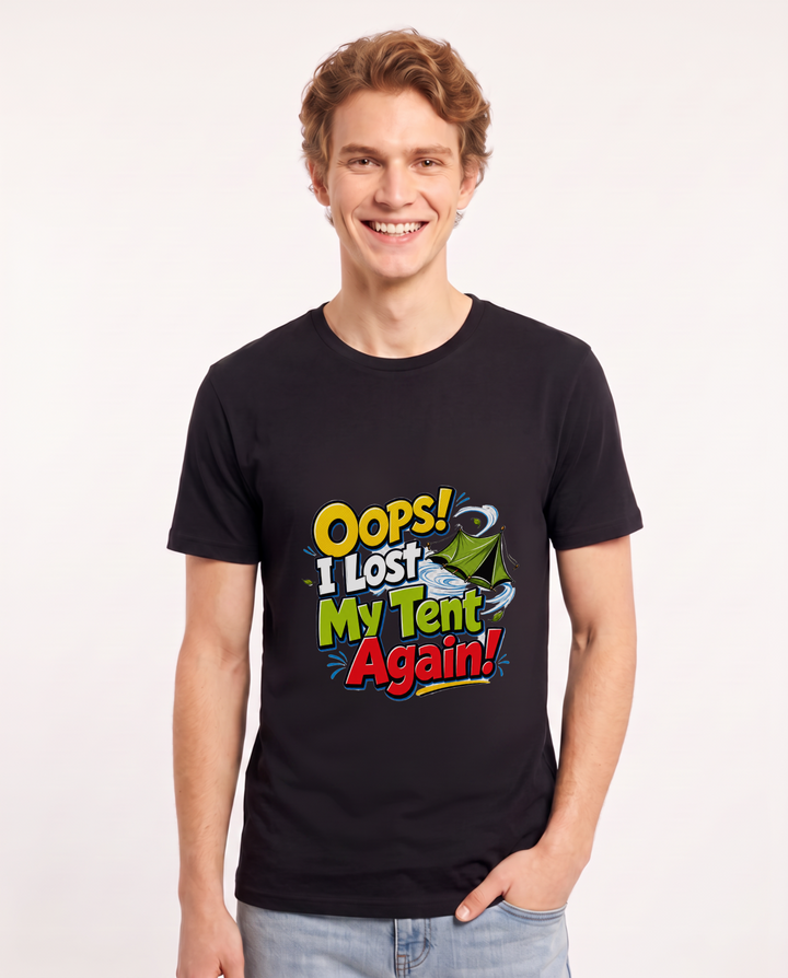 Oops! I Lost My Tent Again! Men's Black T-Shirt product image 2