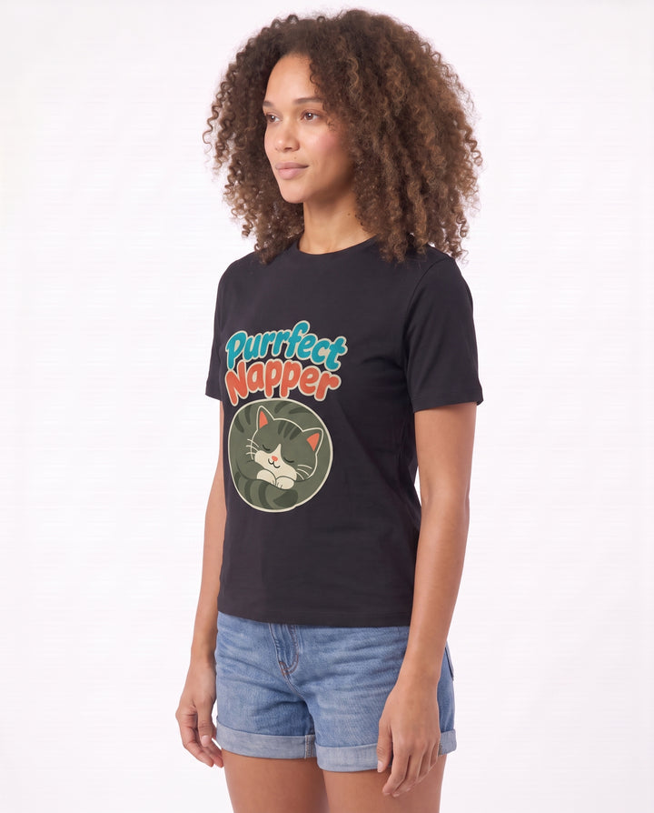 Purrfect Napper Black T-Shirt mockup 2