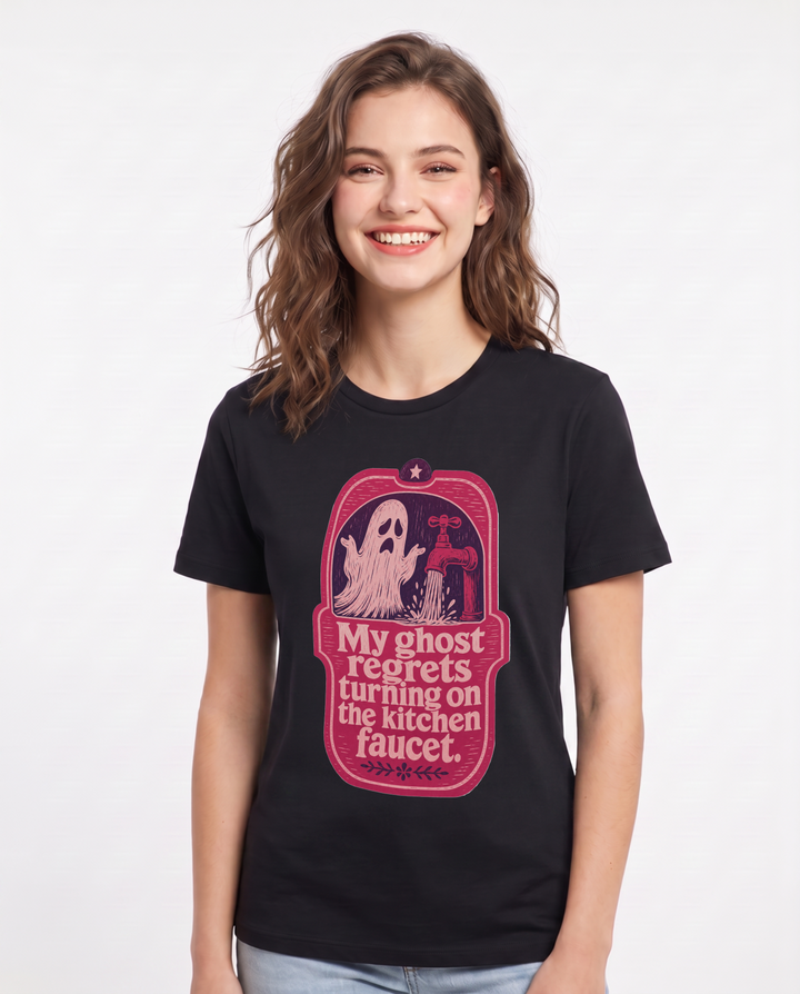 Halloween Women's Black T-Shirt - My ghost regrets turning on the product image 1