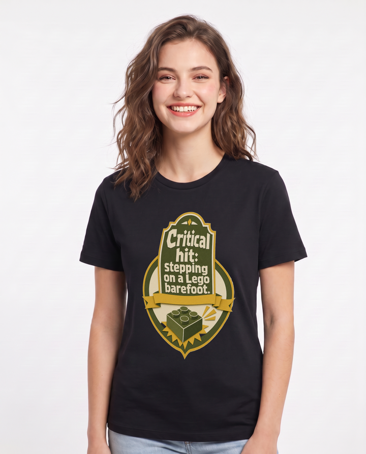 Gaming Women's Black T-Shirt - Critical hit: stepping on a Lego product image 1