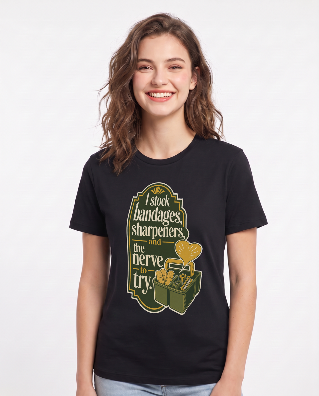 Teacher Women's Black T-Shirt – I stock bandages, sharpeners, and the nerve to try. product image 1