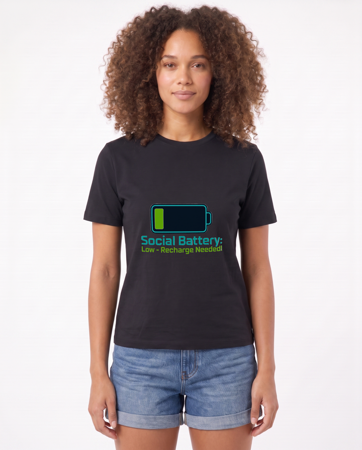 Social Battery: Low Recharge Needed! Black T-Shirt mockup 1
