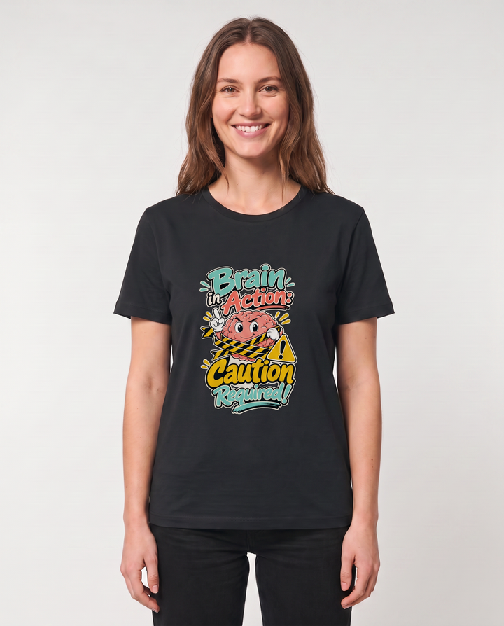 Brain In Action: Caution Required! Black T-Shirt mockup 1