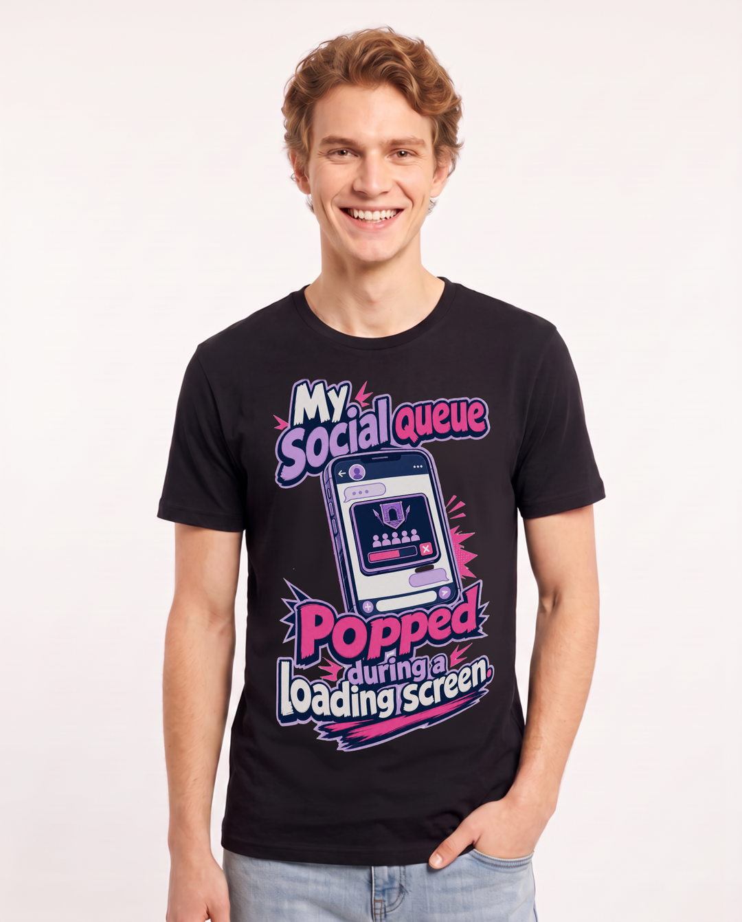Funny Gaming Men's Black T-Shirt – My social queue popped during a loading screen. product image 1