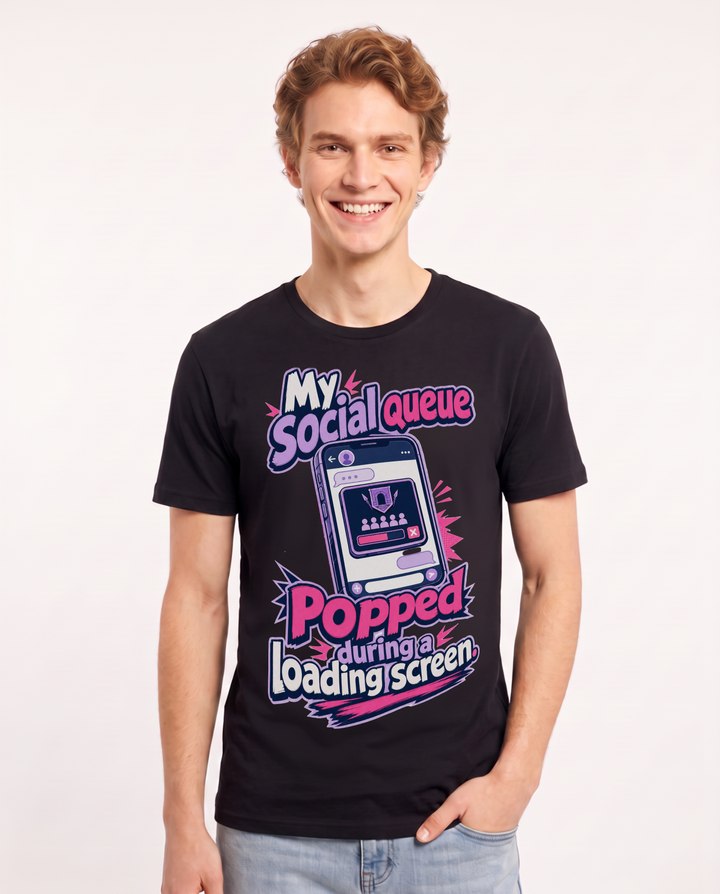 Funny Gaming Men's Black T-Shirt – My social queue popped during a loading screen. product image 1