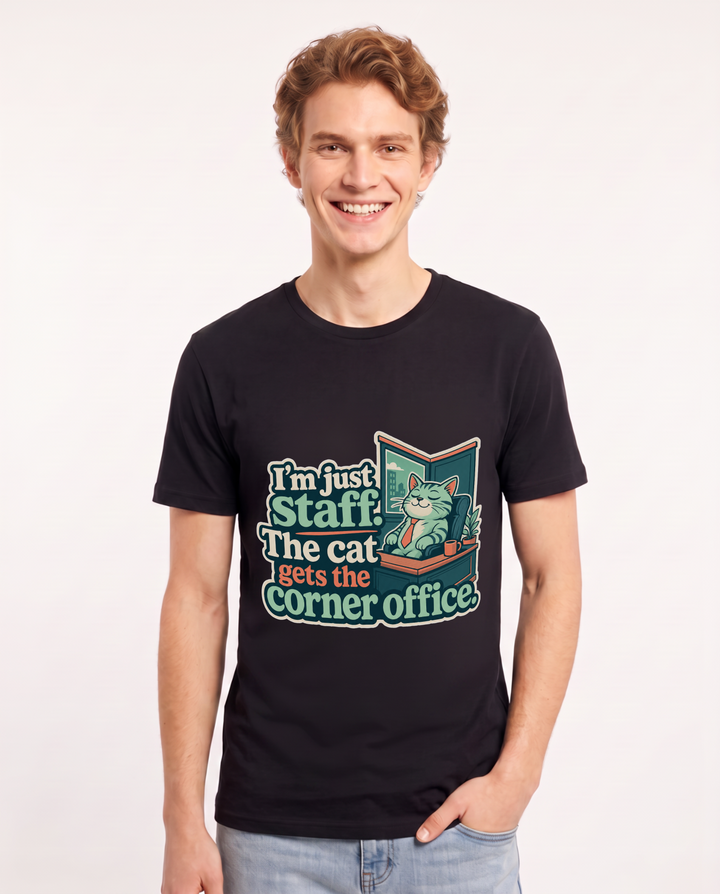 Funny Cat Lover Men's Black T-Shirt – I'm just staff. The cat gets the corner product image 1