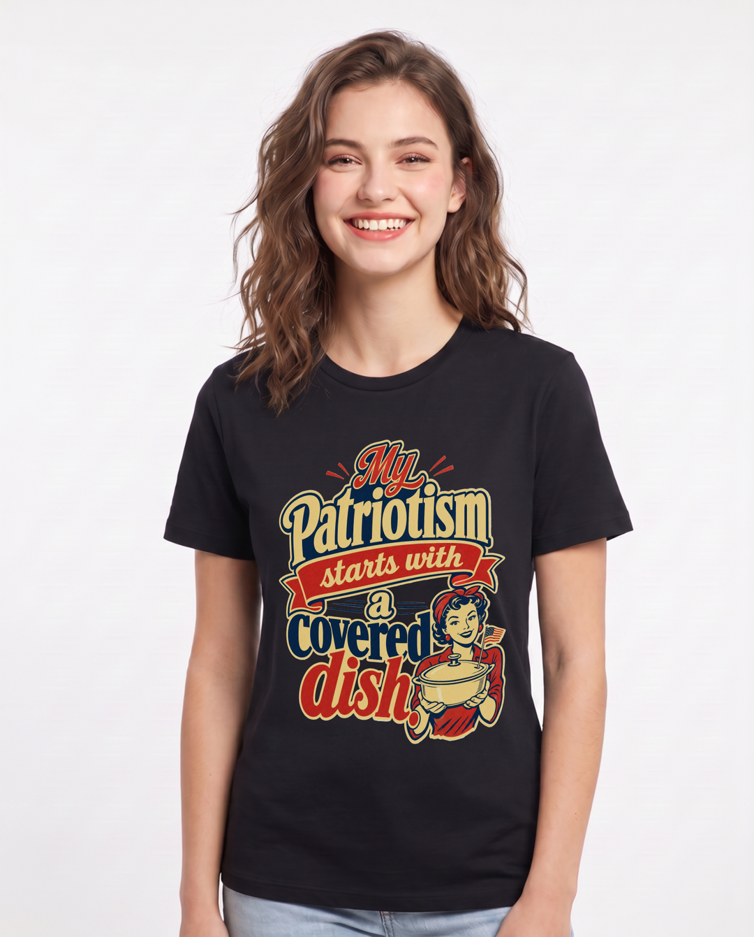Patriotic Women's Black T-Shirt – My patriotism starts with a covered dish. product image 1