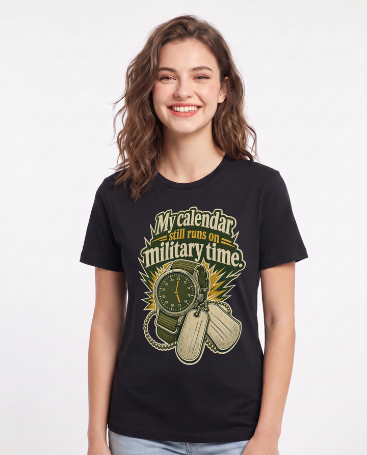 Veteran Women's Black T-Shirt – My calendar still runs on military time. product image 1