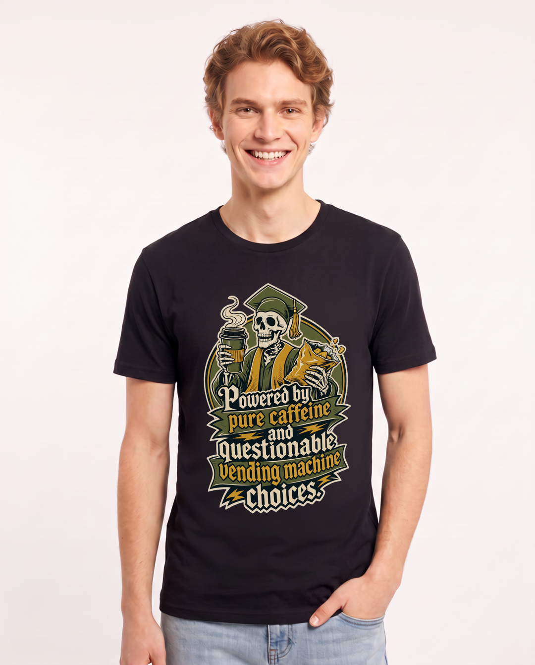 Funny Graduation Men's Black T-Shirt – Powered by pure caffeine and questionable vending machine choices. product image 1
