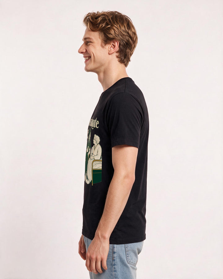 Nurse Men's Black T-Shirt – Compassionate care, performed one coffee-and-a-chat at a time. product image 2