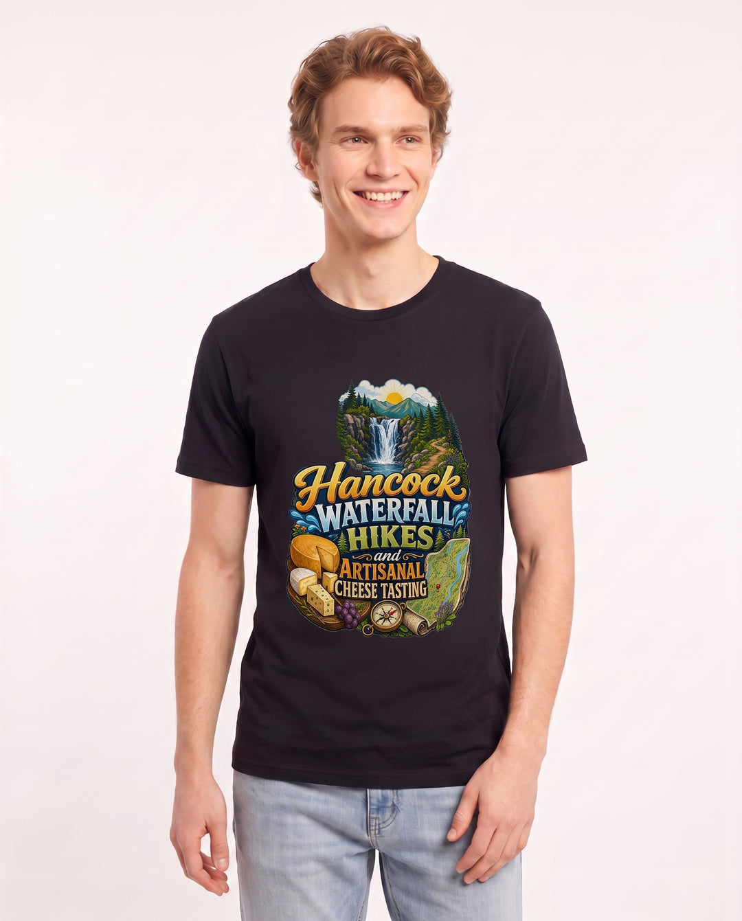 Hancock waterfall hikes and artisanal cheese tasting Men's Black T-Shirt product image 1