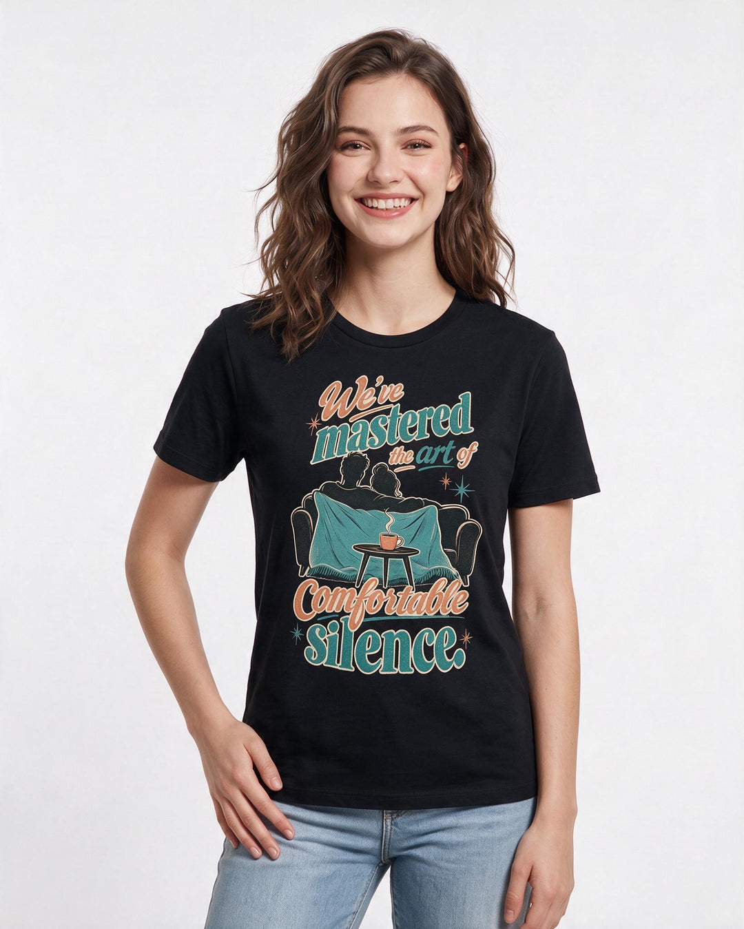 Couples Women's Black T-Shirt – We've mastered the art of comfortable silence. product image 3