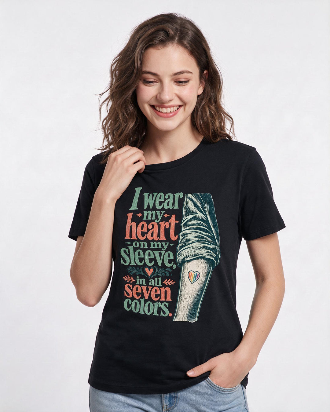 Pride Women's Black T-Shirt – I wear my heart on my sleeve, in all seven colors. product image 3