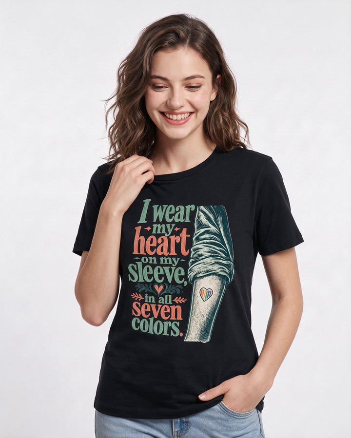 Pride Women's Black T-Shirt – I wear my heart on my sleeve, in all seven colors. product image 3