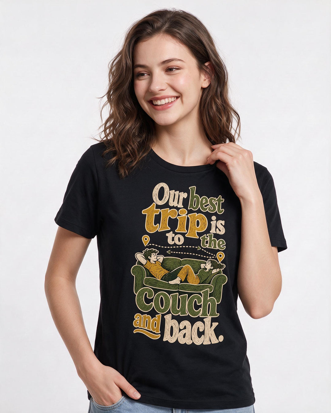 Couples Women's Black T-Shirt – Our best trip is to the couch and back. product image 3