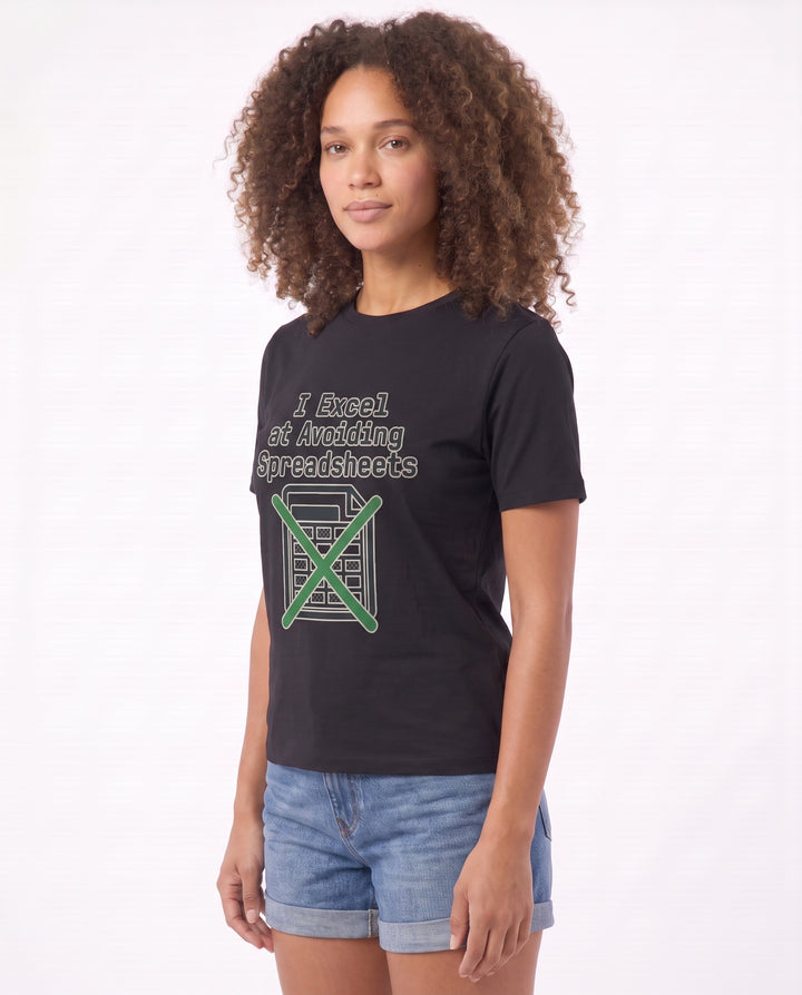 I Excel At Avoiding Spreadsheets Black T-Shirt mockup 2