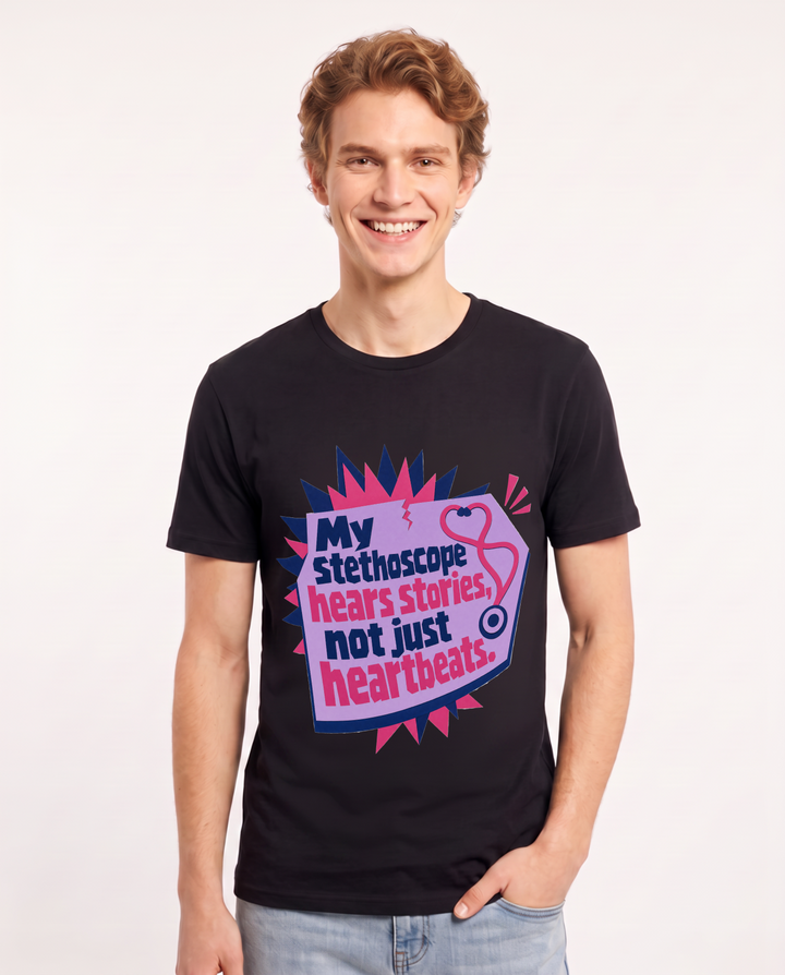 Nurse Gift Men's Black T-Shirt - My stethoscope hears stories, not product image 1