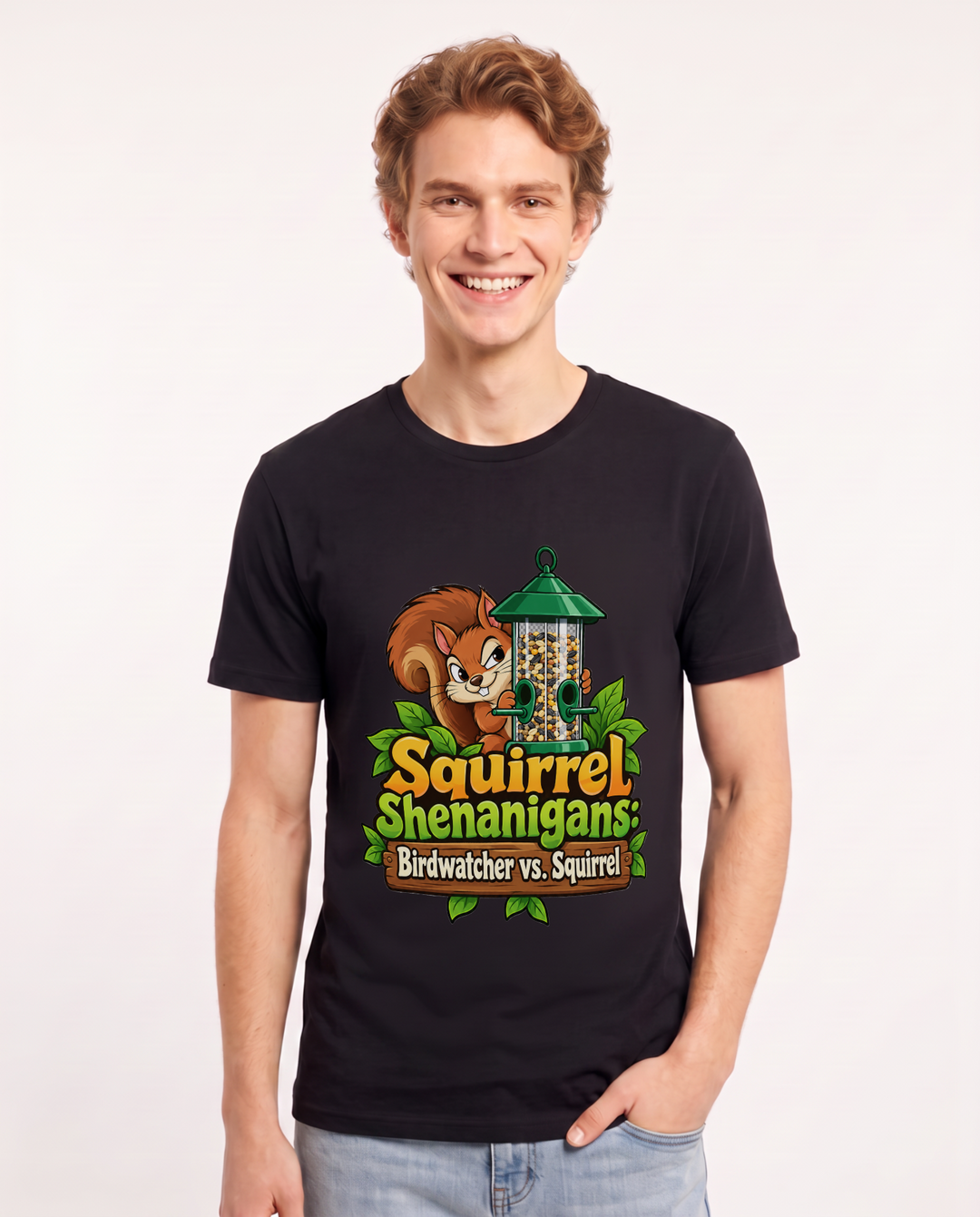 Squirrel Shenanigans: Birdwatcher vs. Squirrel Men's Black T-Shirt product image 2