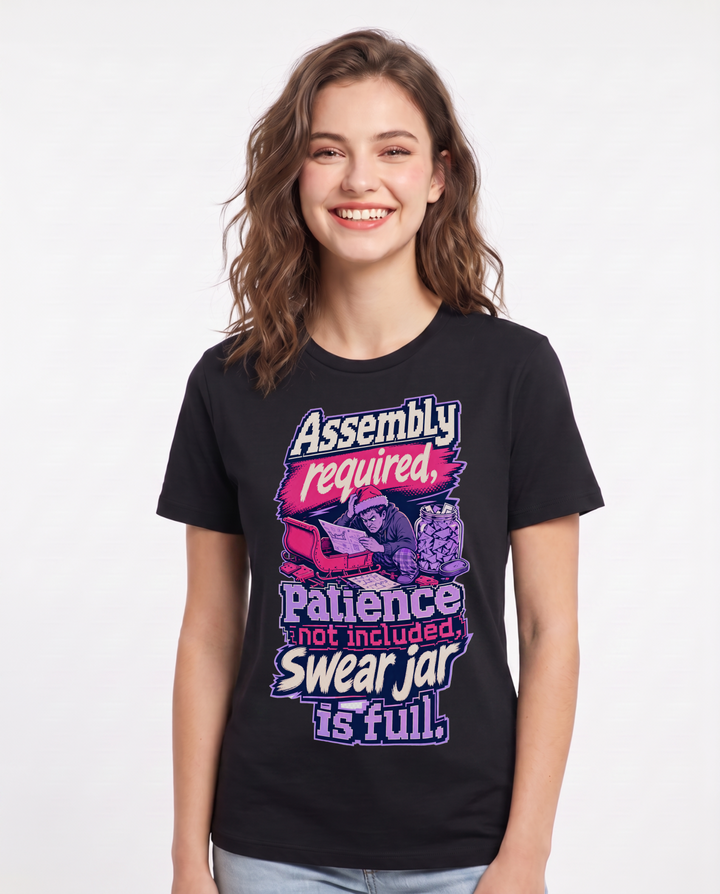 Christmas Women's Black T-Shirt – Assembly required, patience not included, swear jar is full product image 1