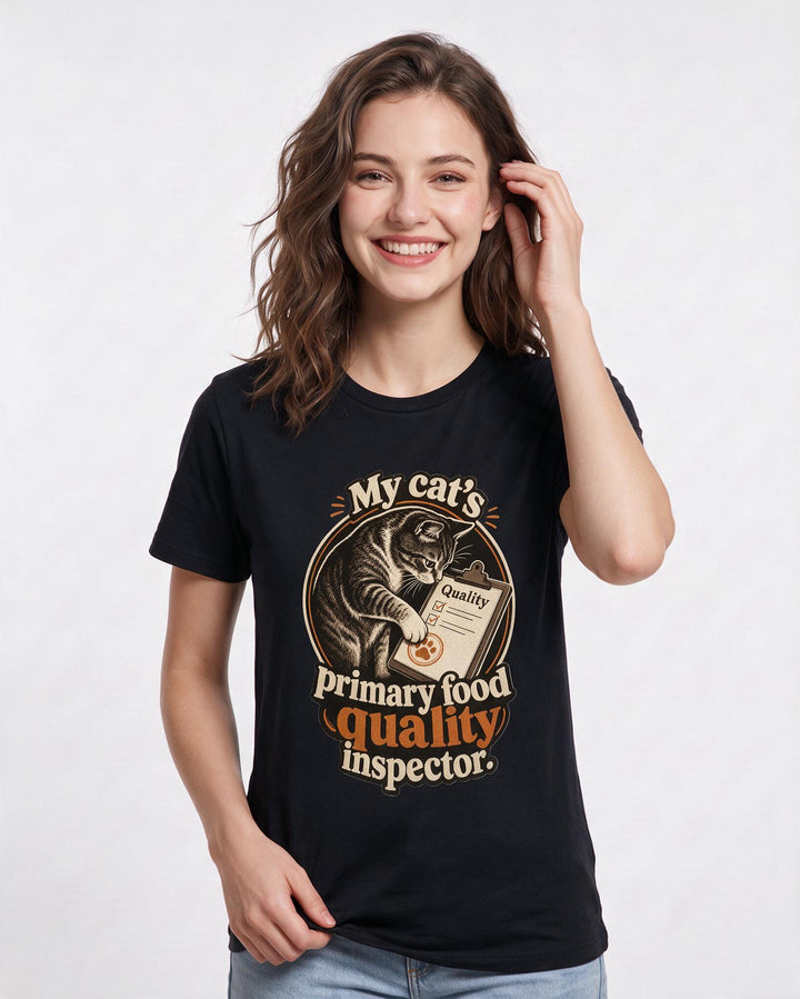 Cat Lover Women's Black T-Shirt – My cat's primary food quality inspector. product image 3